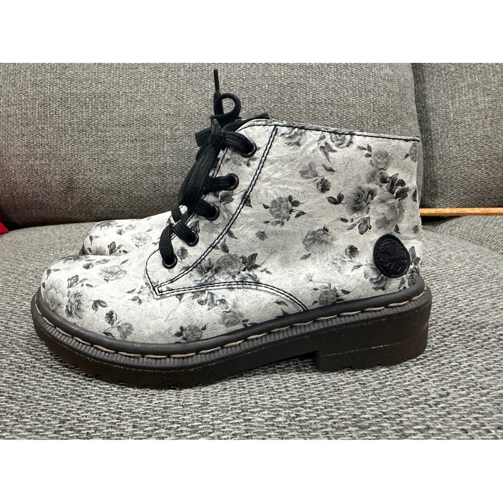Rieker Floral Combat Boots Gray White Rose Lace Up Side Zip Ankle Boots Size 38